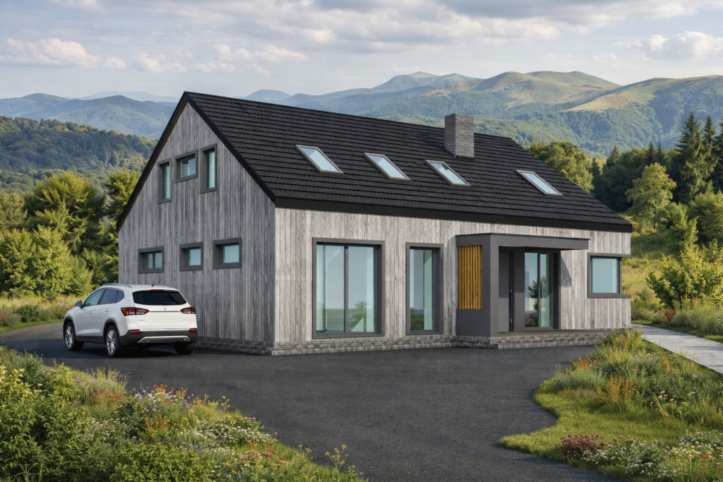 szczytowa-rezydencja-rzut-parteru-salon-426m2.jpg Alt: „Rzut parteru Szczytowa Rezydencja dom szkieletowy salon 42,6m² kuchnia Podkarpacie”