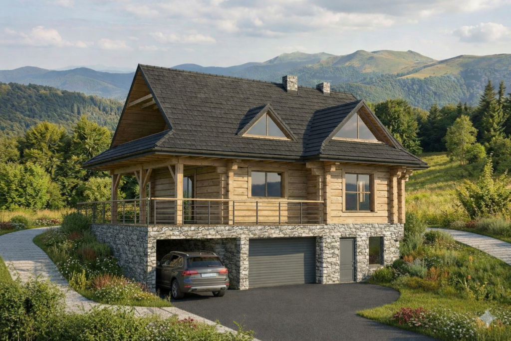 Dom w Teleśnicy – nowoczesny dom z bali, garażem i poddaszem mieszkalnym Dom w Teleśnicy – stylowy dom z bali z garażem i wiatą