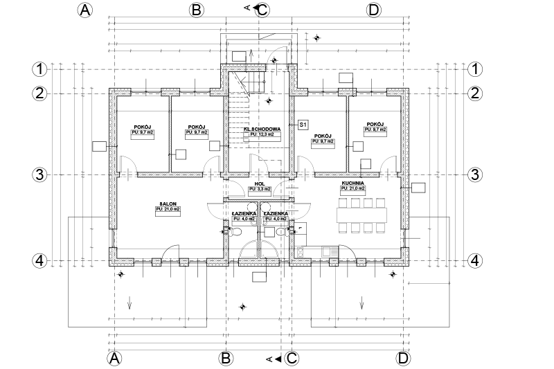 Apartament 1 – parter budynku w Myczkowie z dwoma sypialniami Rzut parteru – Apartament 1 w Myczkowie, salon i dwie sypialnie