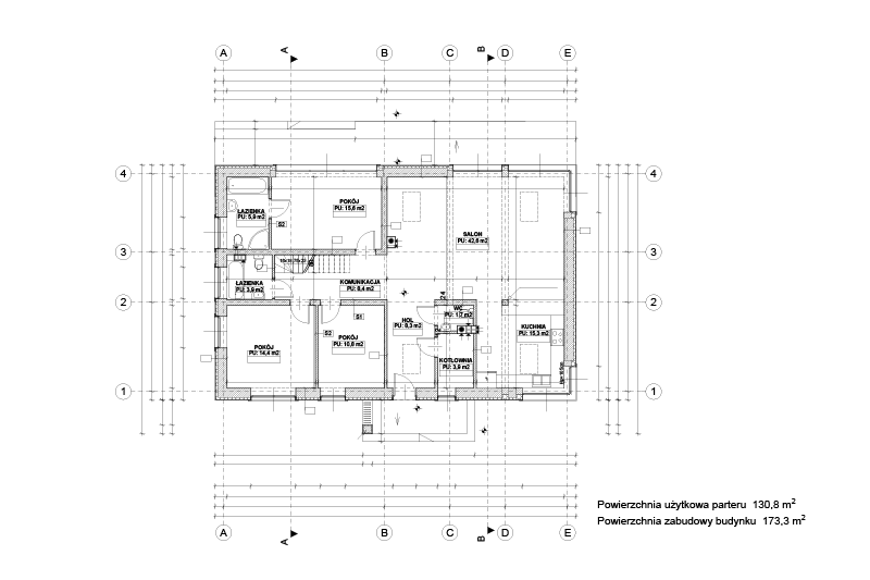 Parter rezydencji w Hoszowie – przestronna strefa dzienna 130,80 m² Rzut parteru rezydencji w Hoszowie – salon, kuchnia i trzy sypialnie 130,80 m²