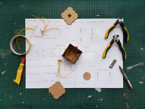 pexels photo 1178498 1178498 Overhead view of DIY electronics project with components and tools on grid mat.
